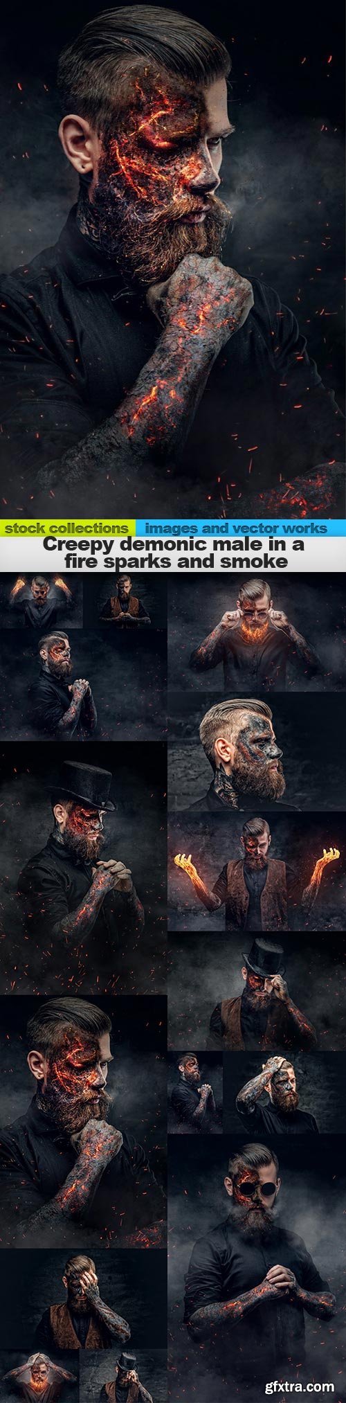 Creepy demonic male in a fire sparks and smoke, 15 x UHQ JPEG