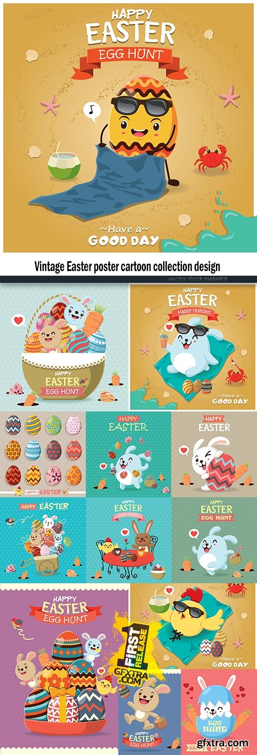 Vintage Easter poster cartoon collection design