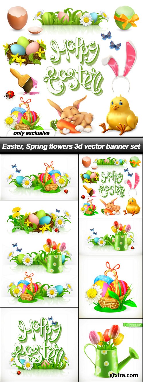 Easter, Spring flowers 3d vector banner set - 7 EPS