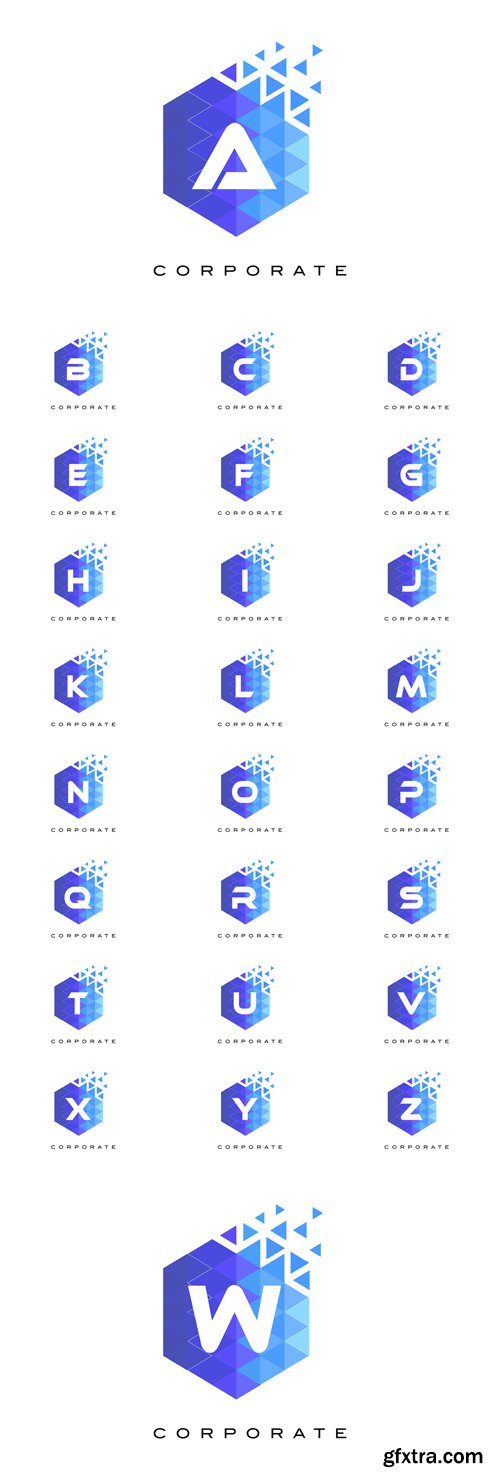 Vector Set - Blue Hexagonal Letter Logos Design with Mosaic Pattern
