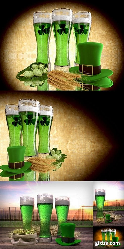 St Patrick's Day concept, green beer, hat. 3D render