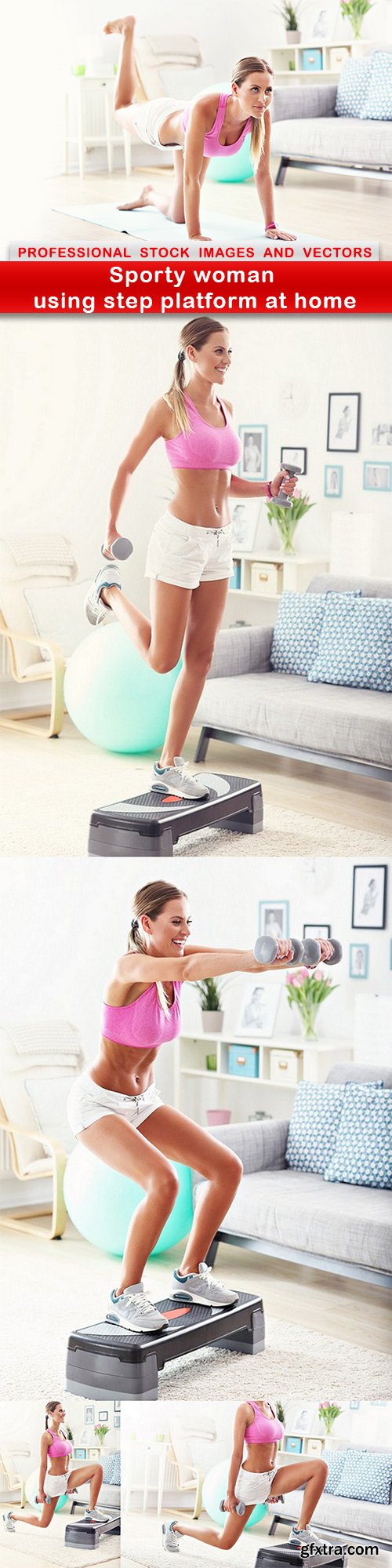 Sporty woman using step platform at home - 5 UHQ JPEG