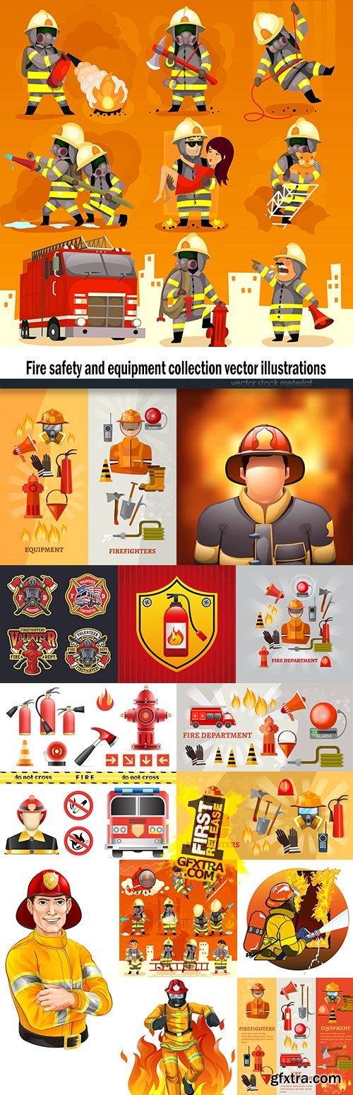 Fire safety and equipment collection vector illustrations