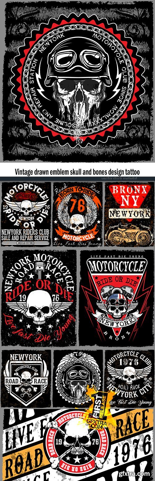 Vintage drawn emblem skull and bones design tattoo