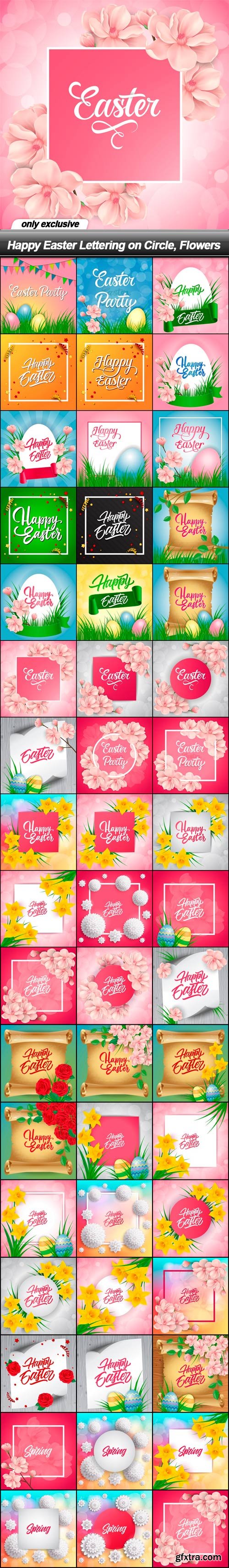 Happy Easter Lettering on Circle, Flowers - 50 EPS