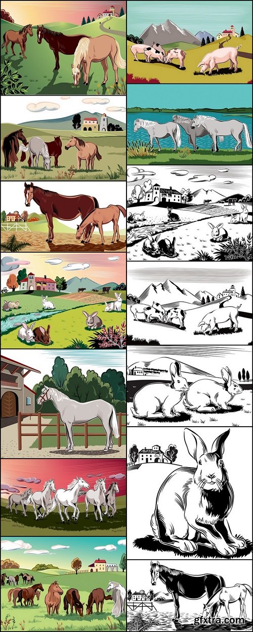 Animals in a paddock of a farm - 47 EPS