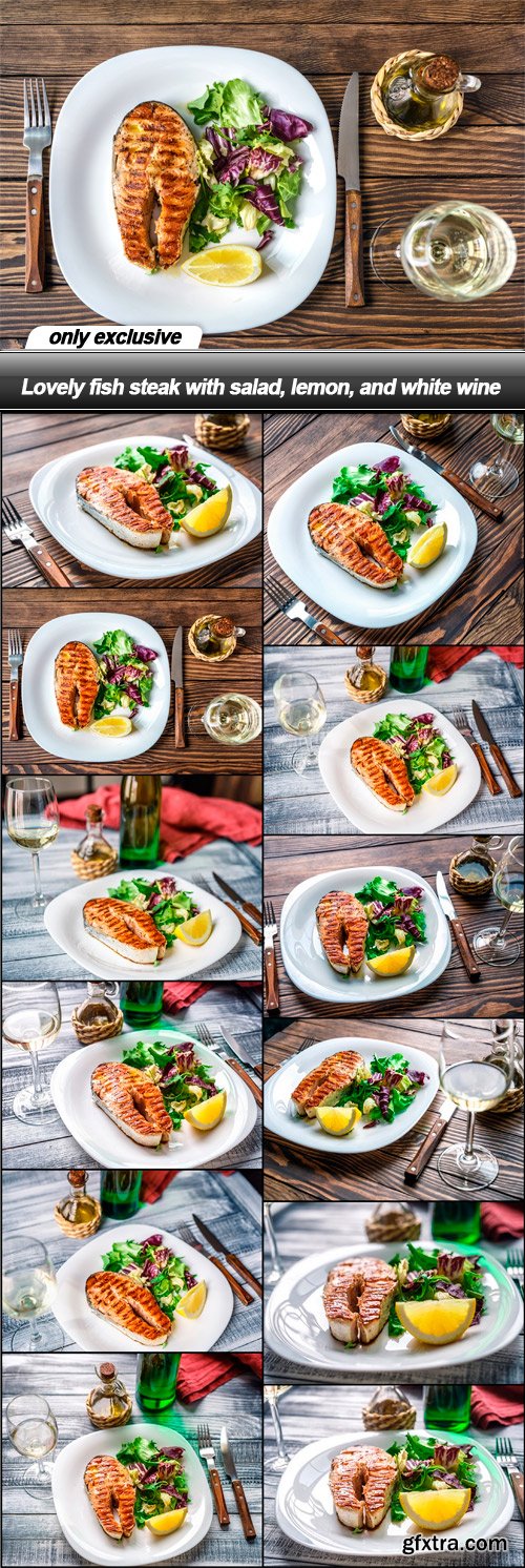 Lovely fish steak with salad, lemon, and white wine - 12 UHQ JPEG