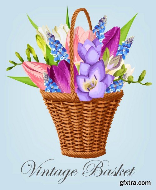 Vintage basket of flowers - 6 EPS