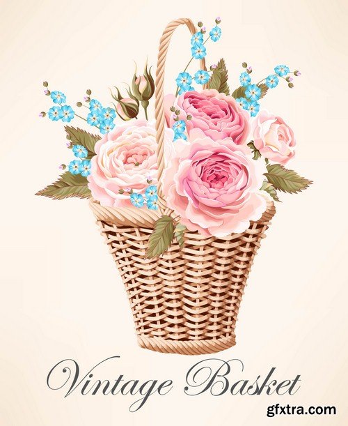 Vintage basket of flowers - 6 EPS