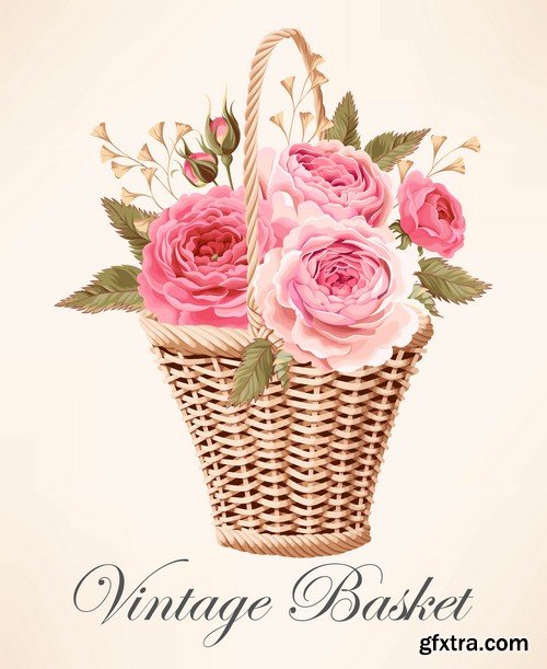 Vintage basket of flowers - 6 EPS