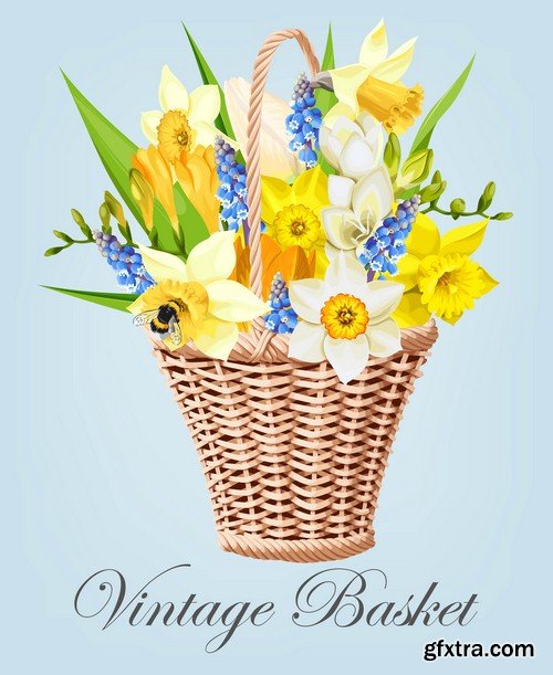 Vintage basket of flowers - 6 EPS