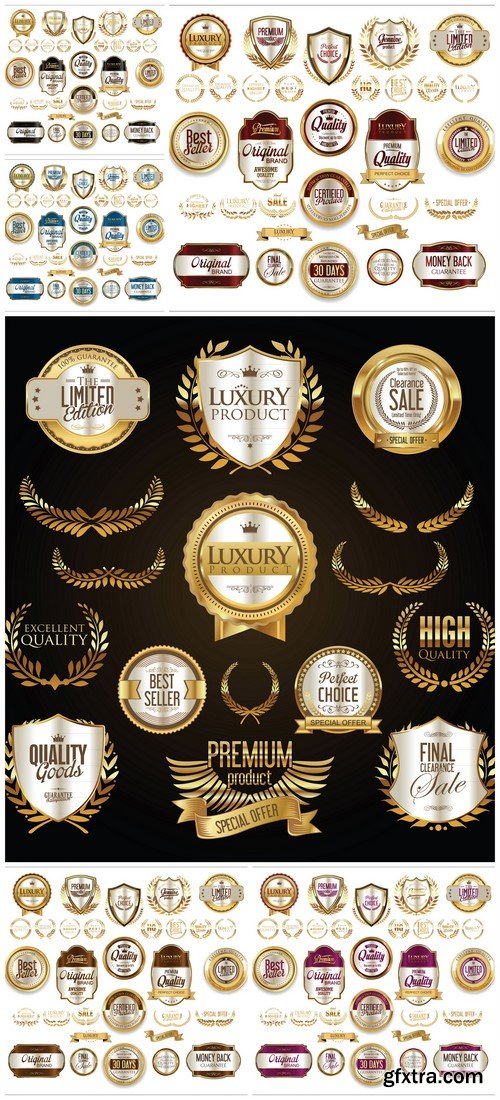 Golden shields laurel wreaths and badges 6X EPS