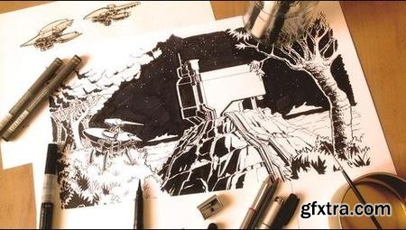 Create a sci fi landscape illustration using pen and ink