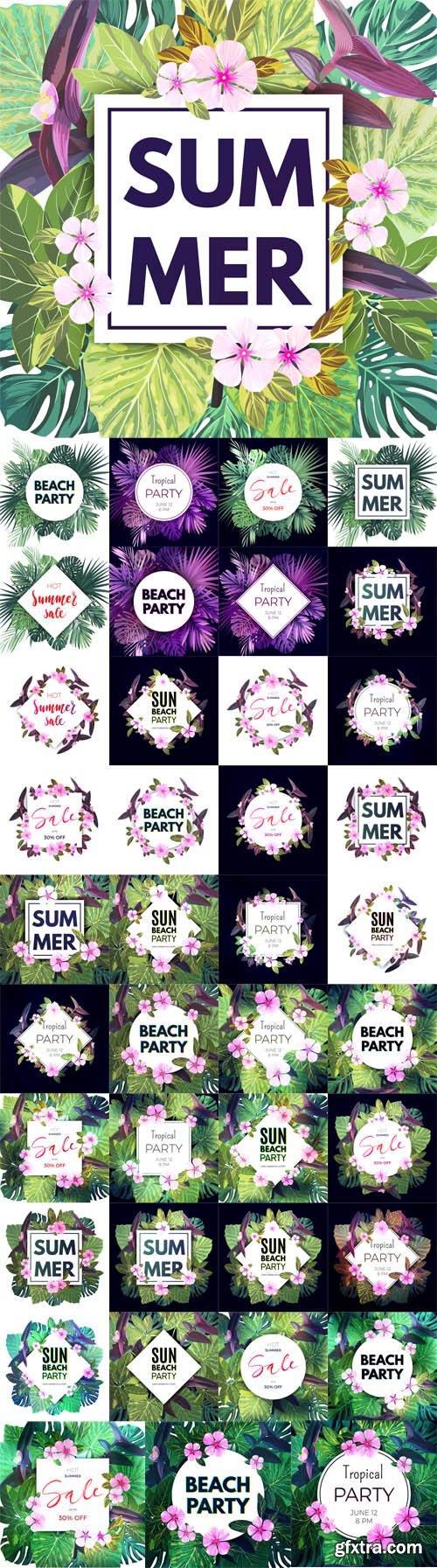 Vector Set - Summer Hawaiian Flyers Design with Green Tropical Plants ...