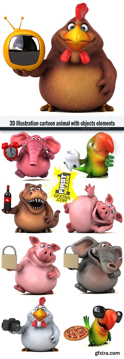 3D Illustration cartoon animal with objects elements