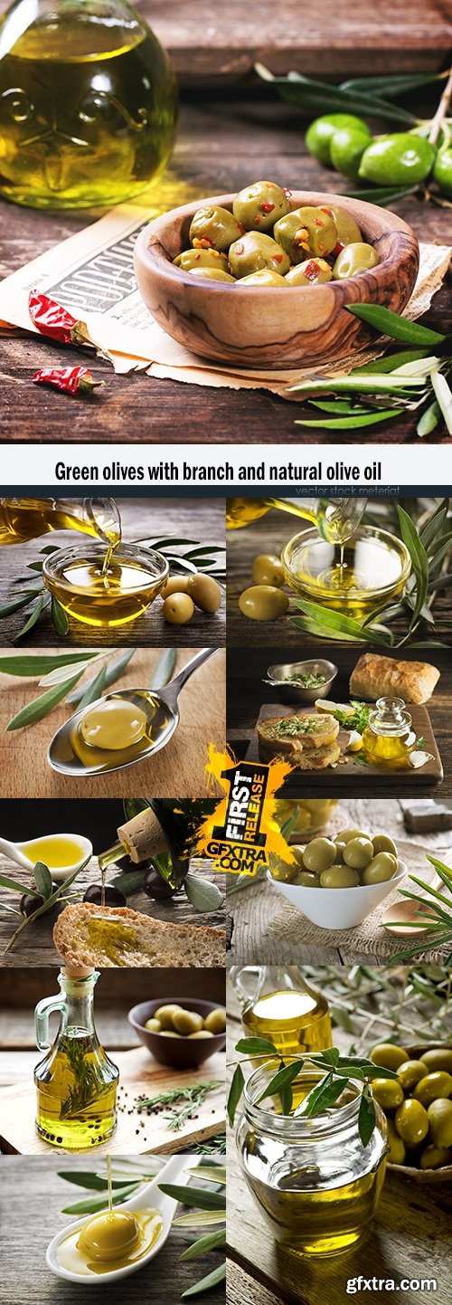 Green olives with branch and natural olive oil