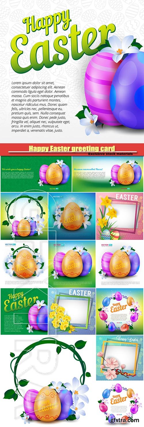 Happy Easter greeting card with colorful eggs and spring flowers