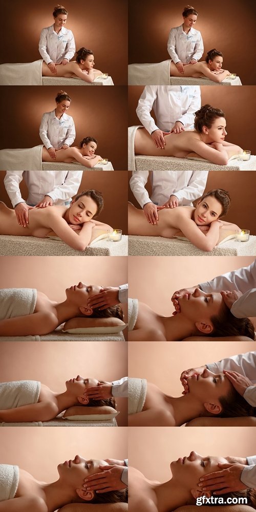 Girl massage therapist doing head massage beautiful brunette girl 2