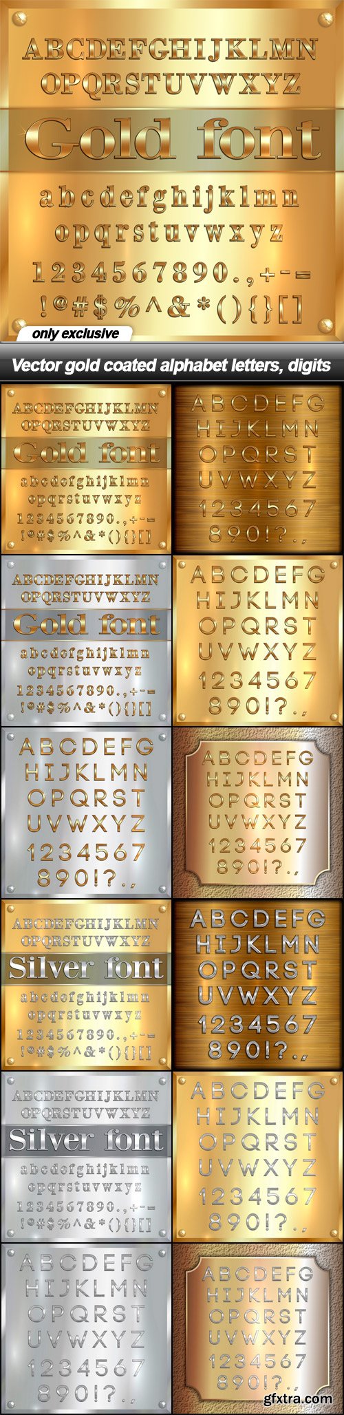 Vector gold coated alphabet letters, digits - 12 EPS