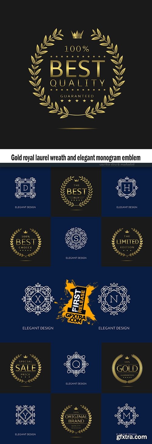 Gold royal laurel wreath and elegant monogram emblem