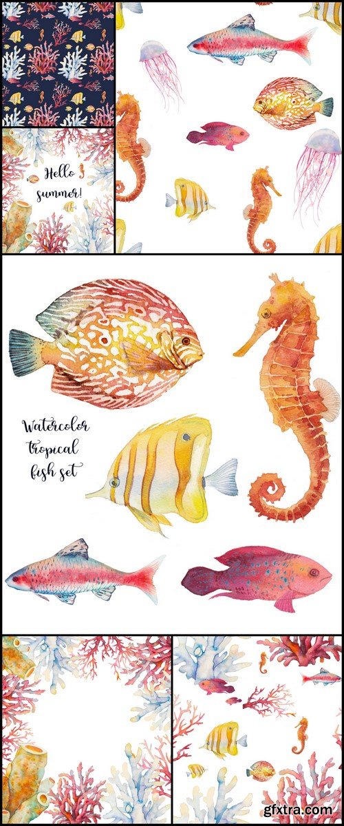 Watercolor coral and fishes illustration 6X JPEG