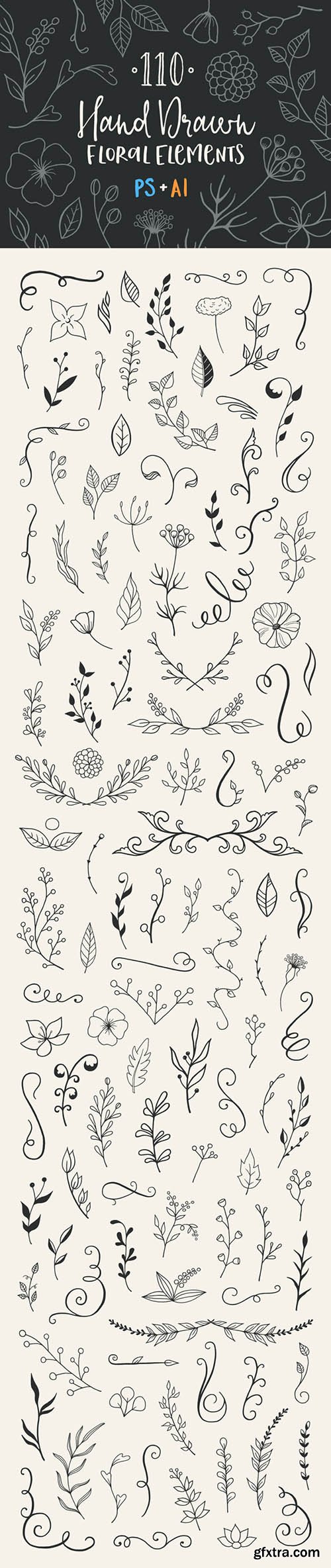 AI, EPS, PSD Vector Design Elements - 110 Hand-Drawn Floral