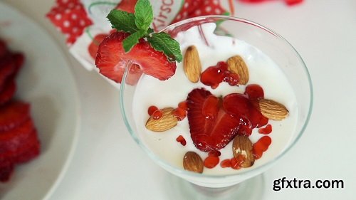 Adding jam on tasty yoghurt dessert super slow motion shot at 240fps