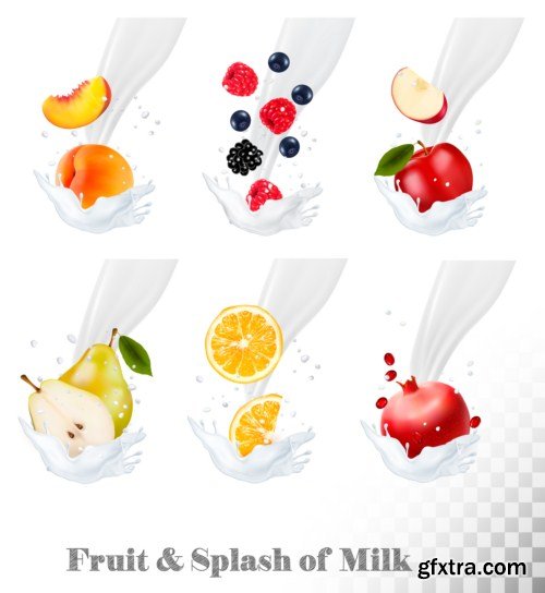Big collection icons of fruit in a milk splash 15X EPS