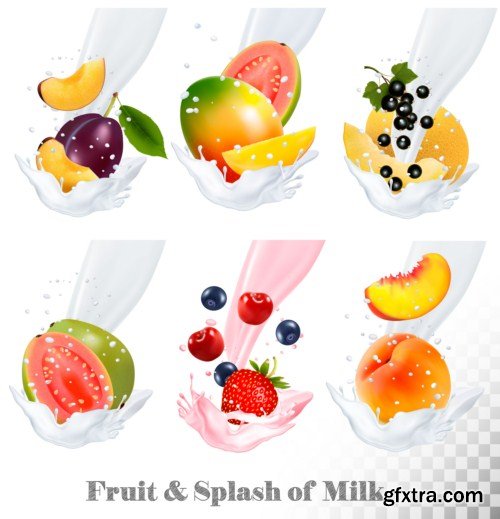 Big collection icons of fruit in a milk splash 15X EPS