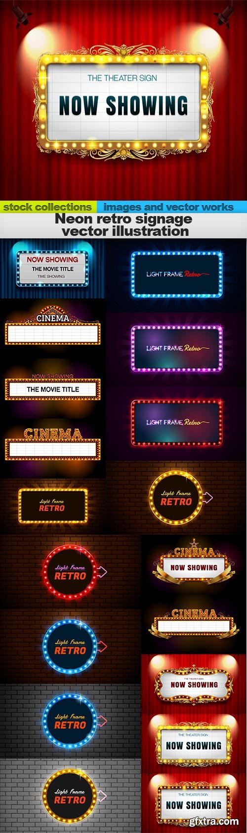 Neon retro signage vector illustration, 18 x EPS