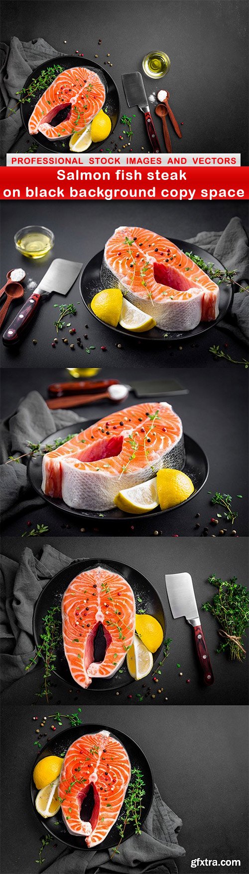 Salmon fish steak on black background copy space - 5 UHQ JPEG