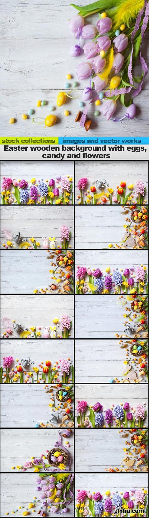 Easter wooden background with eggs, candy and flowers, 15 x UHQ JPEG