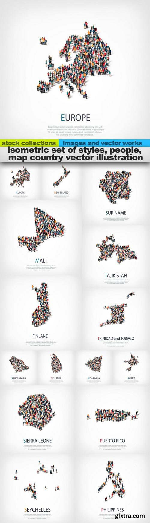 Isometric set of styles, people, map country vector illustration, 15 x EPS