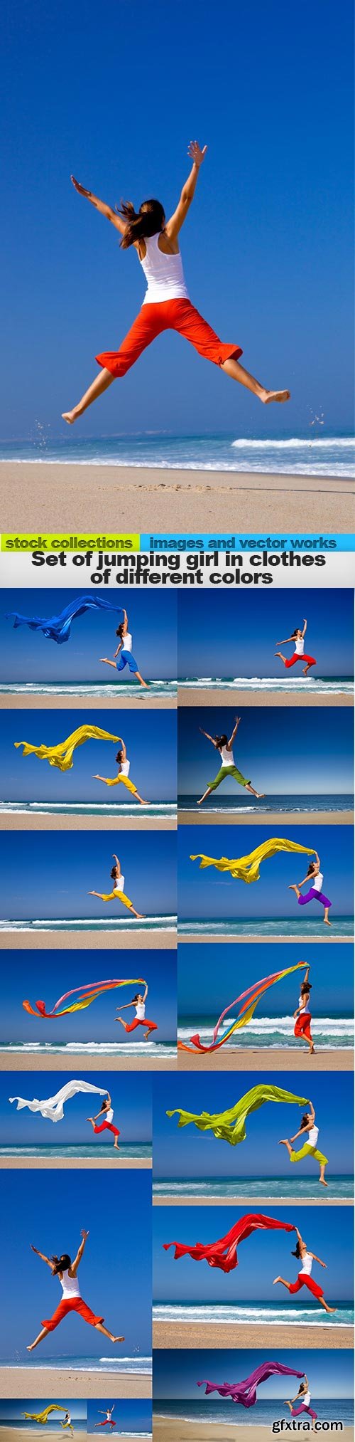 Set of jumping girl in clothes of different colors, 15 x UHQ JPEG