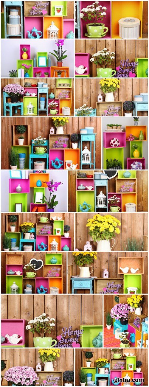 Beautiful colorful shelves on wooden wall background 18X JPEG