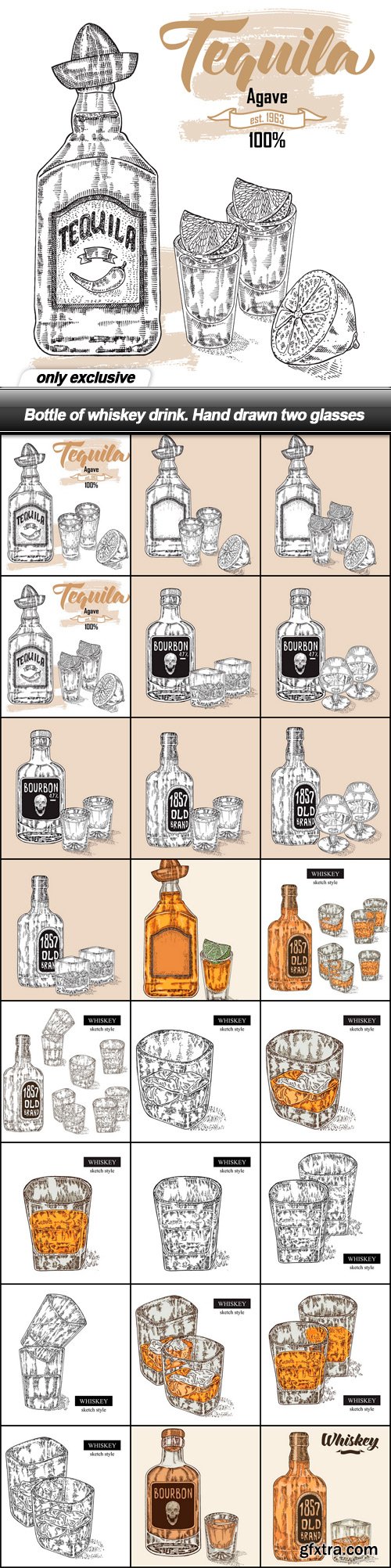 Bottle of whiskey drink. Hand drawn two glasses - 24 EPS