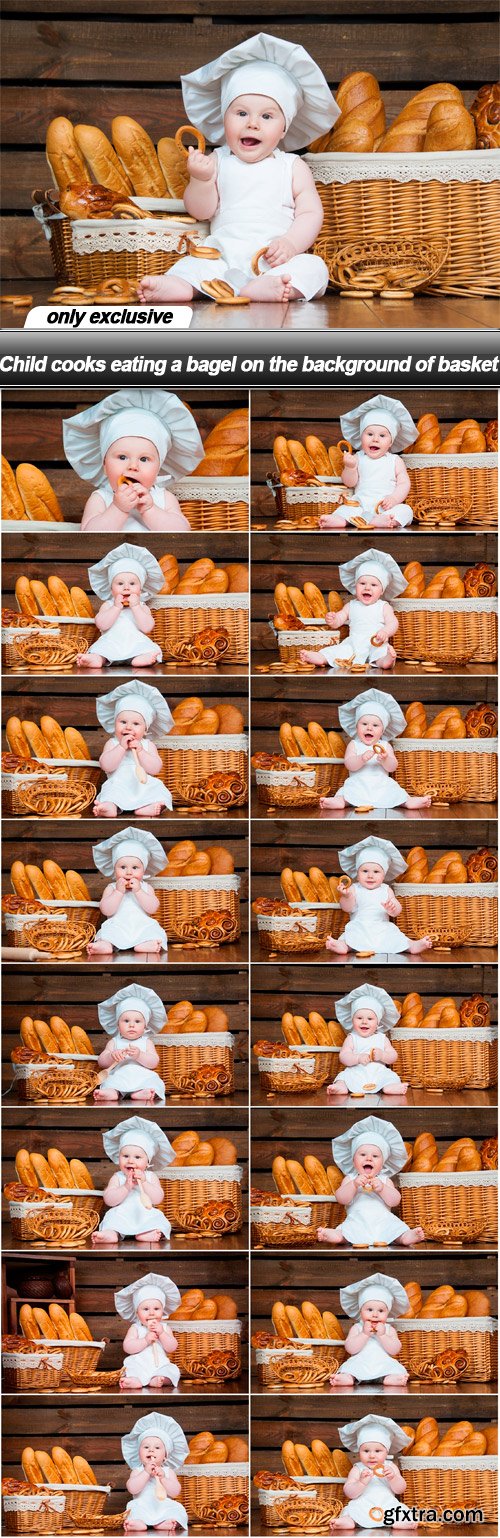 Child cooks eating a bagel on the background of basket - 16 UHQ JPEG