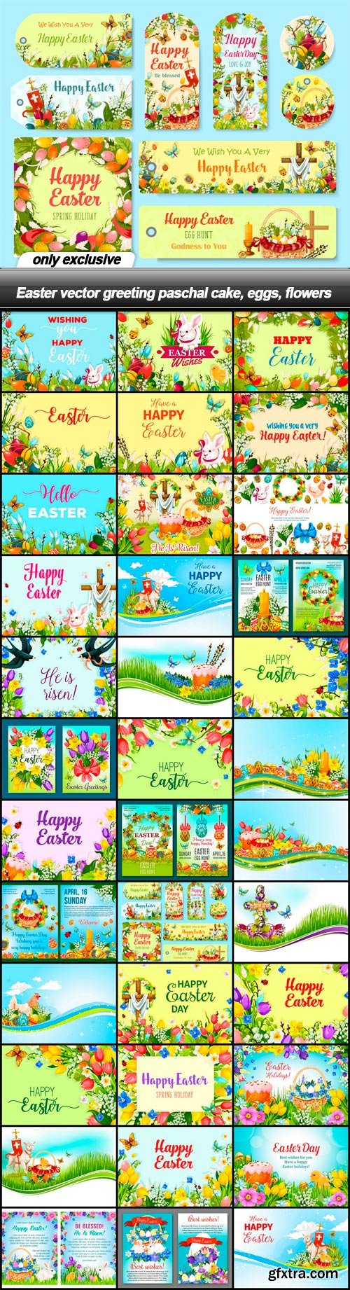 Easter vector greeting paschal cake, eggs, flowers - 38 EPS