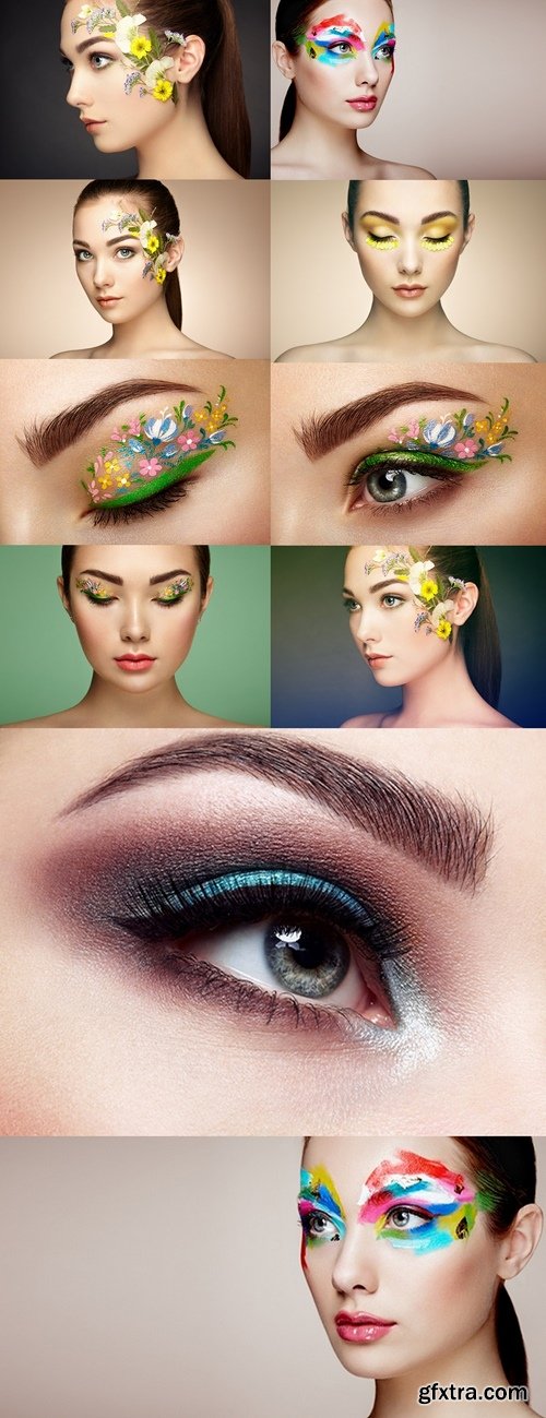 Eye makeup girl with a flowers. Spring makeup. Beauty fashion. Eyelashes. Cosmetic Eyeshadow. Make-up detail. Creative woman holiday make-up