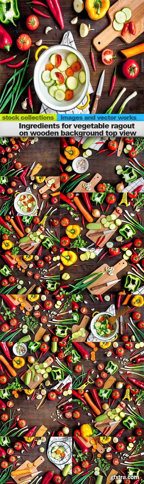 Ingredients for vegetable ragout on wooden background top view, 15 x UHQ JPEG