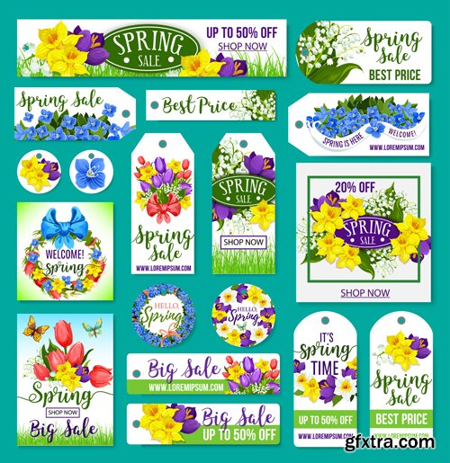 Spring vector greetings card, flowers bouquet of tulips, crocuses and blooming lily of valley blossoms on field