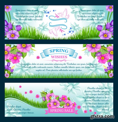 Spring vector greetings card, flowers bouquet of tulips, crocuses and blooming lily of valley blossoms on field