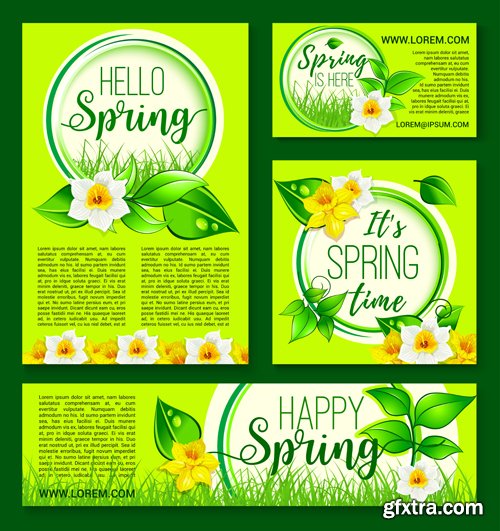 Spring vector greetings card, flowers bouquet of tulips, crocuses and blooming lily of valley blossoms on field