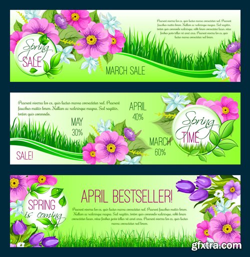 Spring vector greetings card, flowers bouquet of tulips, crocuses and blooming lily of valley blossoms on field