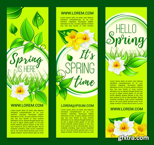 Spring vector greetings card, flowers bouquet of tulips, crocuses and blooming lily of valley blossoms on field