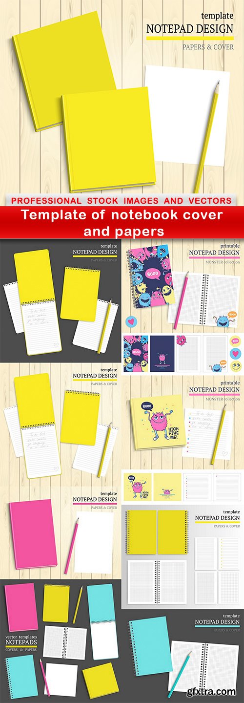 Template of notebook cover and papers - 9 EPS