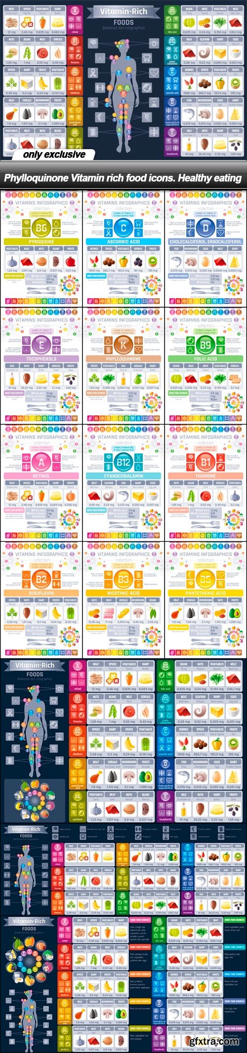 Phylloquinone Vitamin rich food icons. Healthy eating - 16 EPS