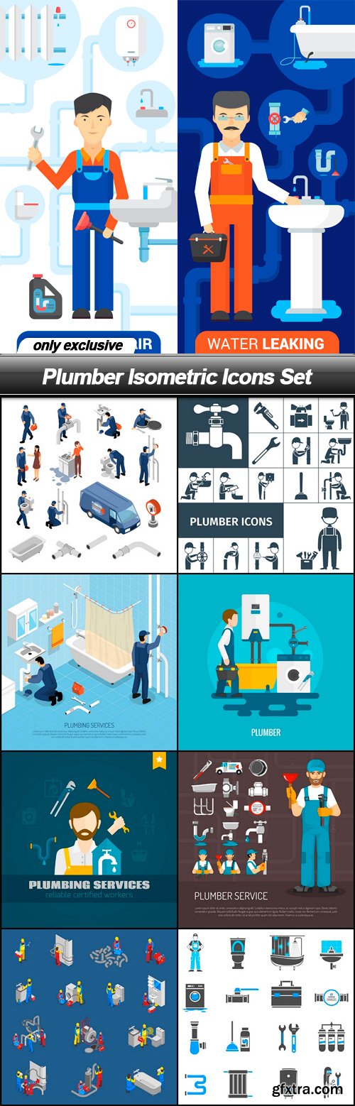 Plumber Isometric Icons Set - 15 EPS