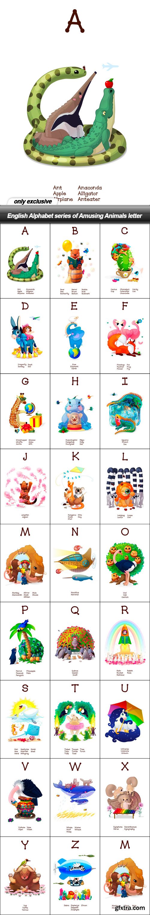 English Alphabet series of Amusing Animals letter - 26 EPS