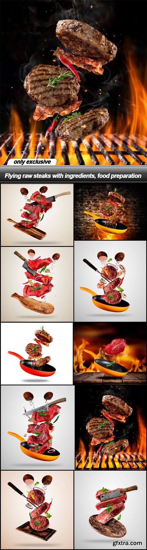 Flying raw steaks with ingredients, food preparation - 10 UHQ JPEG